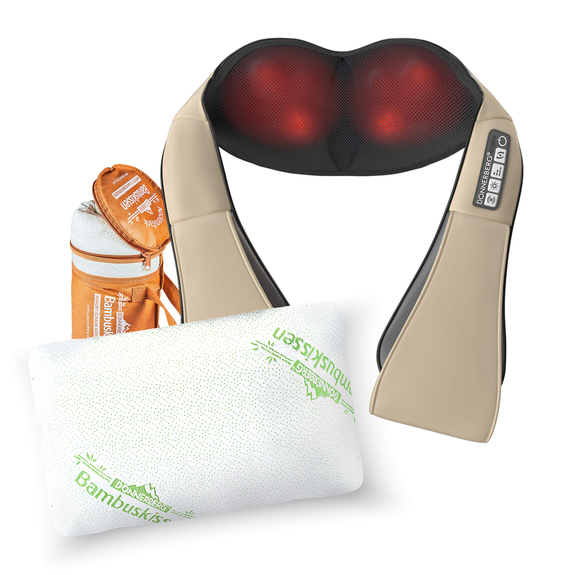 Donnerberg - Beige Nek en Rug massage apparaat - infrarood warmte - met gratis Bamboe kussen